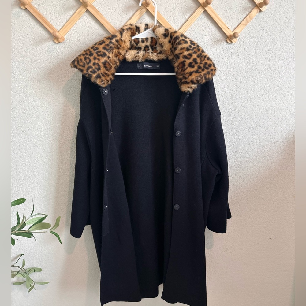 Zara Knit Coat with Faux Leopard Fur Collar Size Small